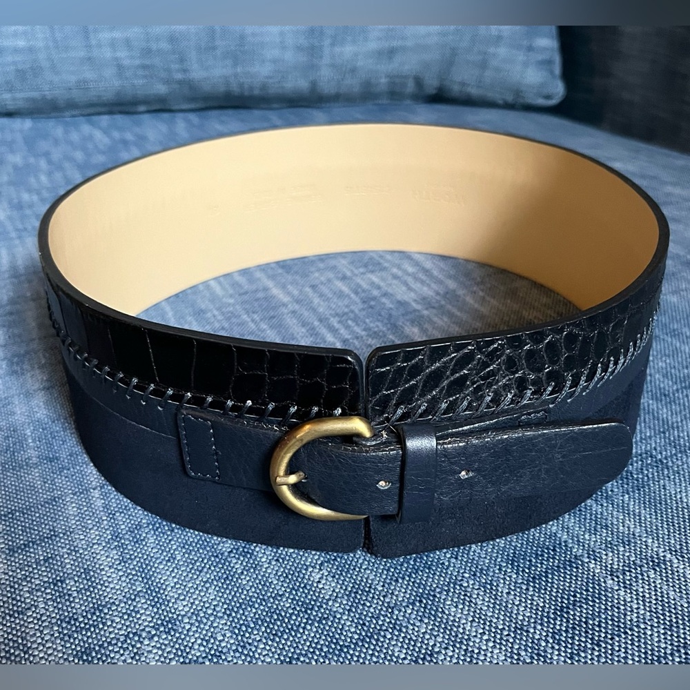 Worth New York Navy Blue Wide Leather Belt Bronze Buckle Winter 2015 Small